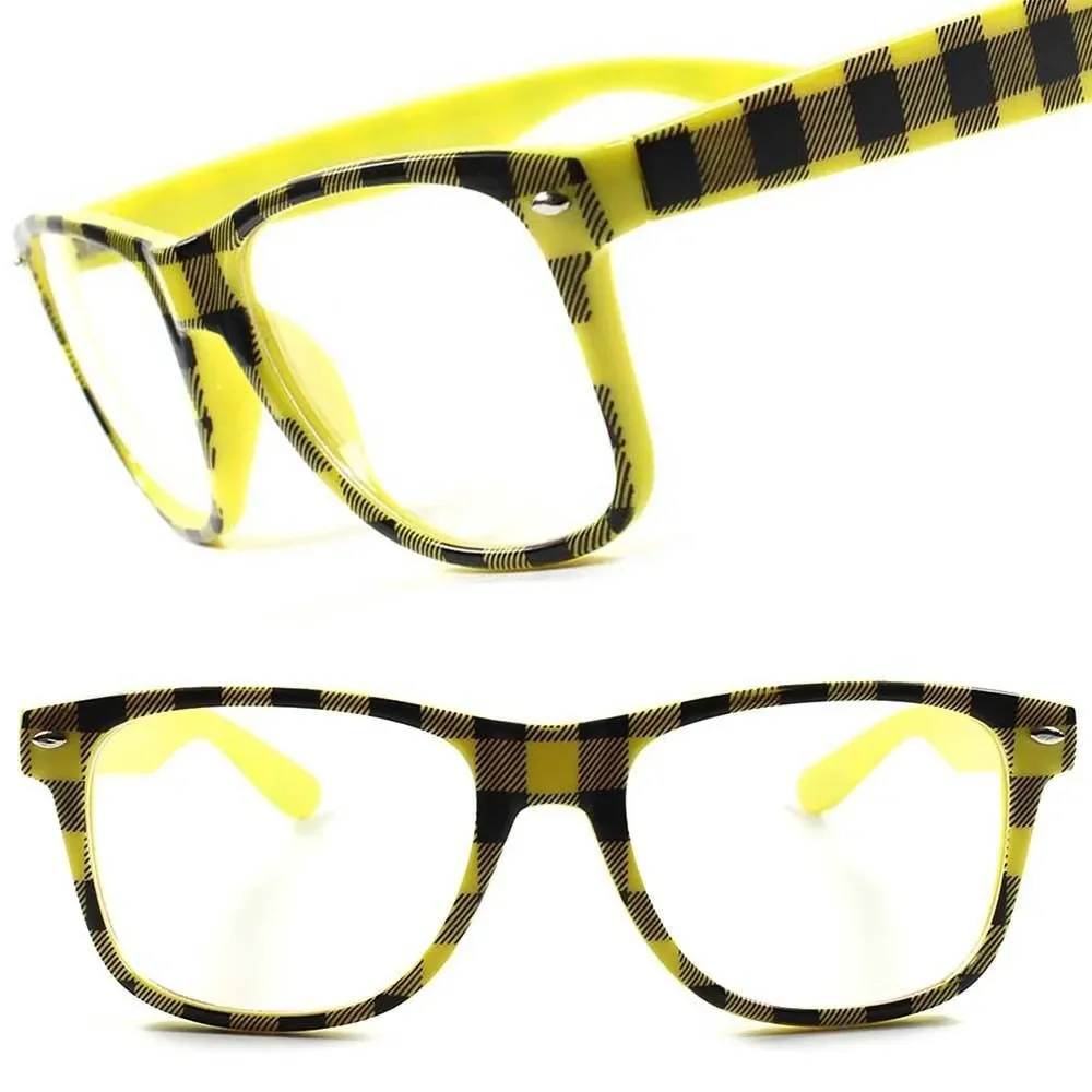 Neon Plaid Print Retro Mens Womens Geek Nerd Clear Lens Fashion Eye Glasses